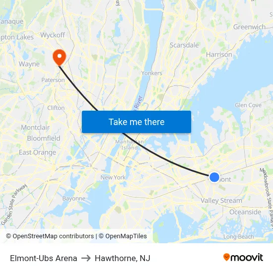 Elmont-Ubs Arena to Hawthorne, NJ map