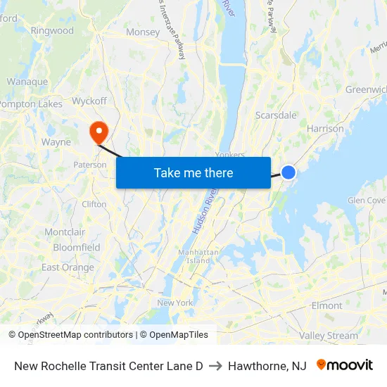 New Rochelle Transit Center Lane D to Hawthorne, NJ map