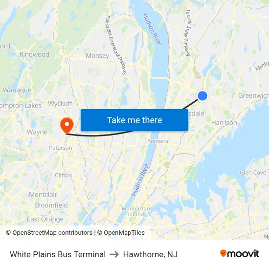 White Plains Bus Terminal to Hawthorne, NJ map