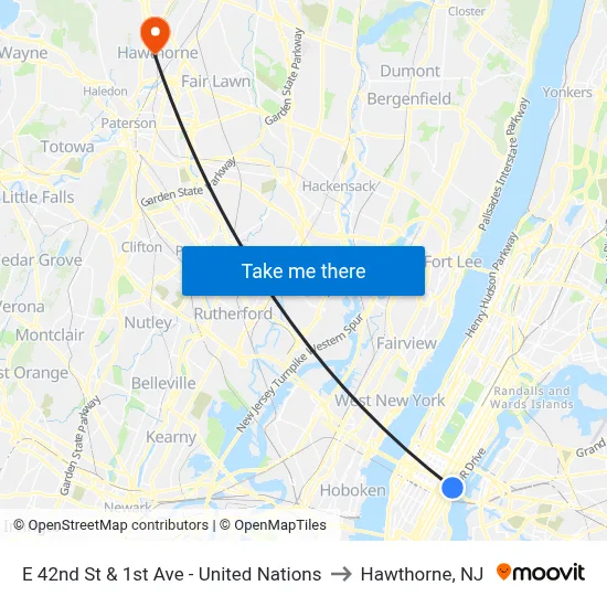 E 42nd St & 1st Ave - United Nations to Hawthorne, NJ map