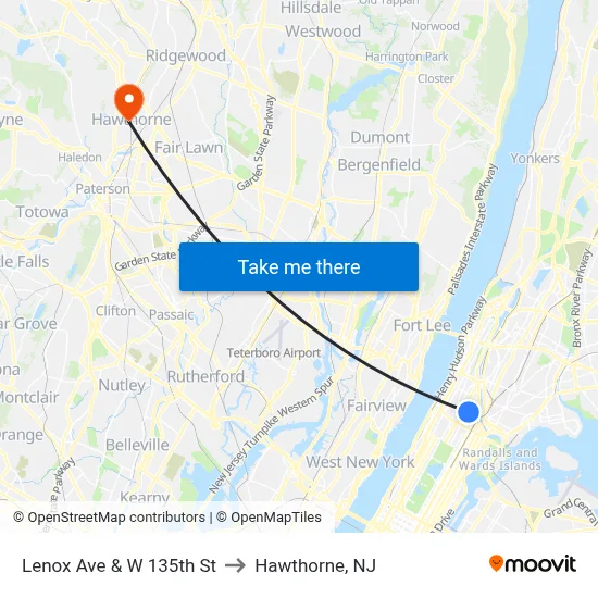Lenox Ave & W 135th St to Hawthorne, NJ map