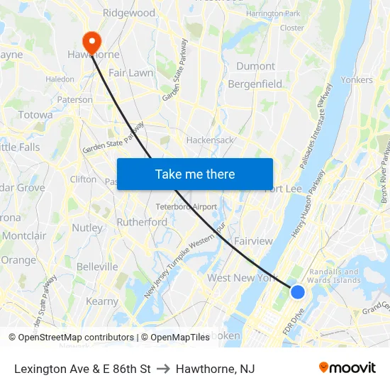 Lexington Ave & E 86th St to Hawthorne, NJ map