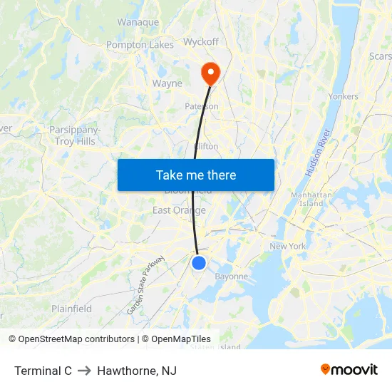 Terminal C to Hawthorne, NJ map