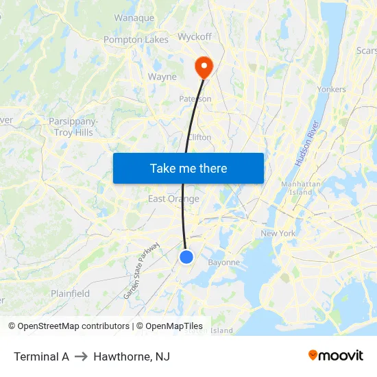 Terminal A to Hawthorne, NJ map