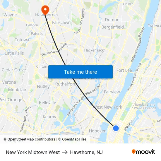 New York Midtown West to Hawthorne, NJ map