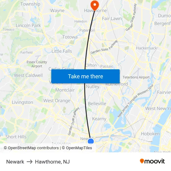Newark to Hawthorne, NJ map