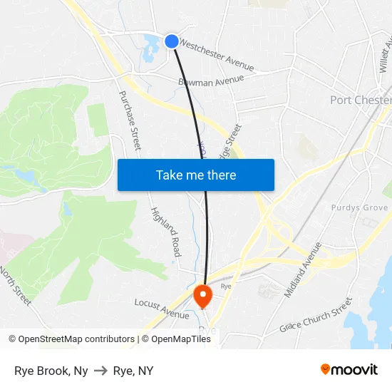 Rye Brook to Rye, NY map