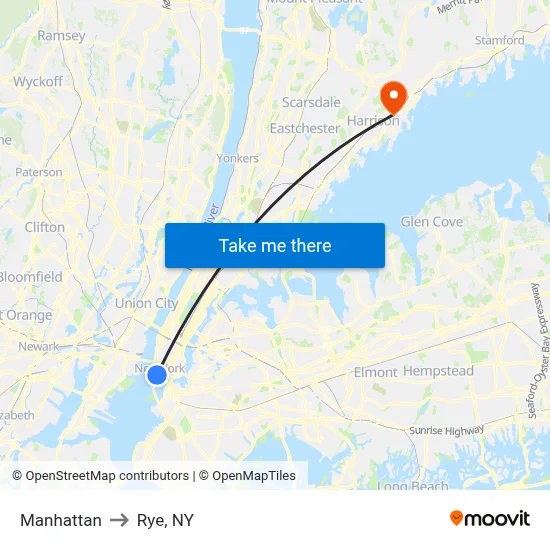 Manhattan to Rye, NY map
