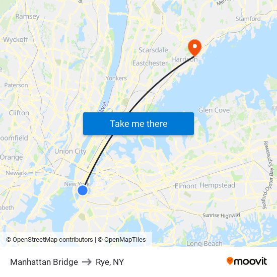 Manhattan Bridge to Rye, NY map