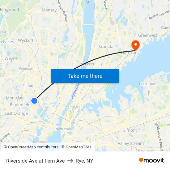 Riverside Ave at Fern Ave to Rye, NY map