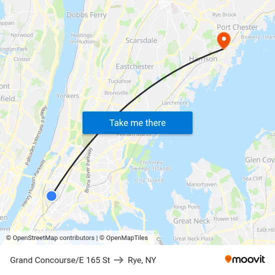Grand Concourse/E 165 St to Rye, NY map