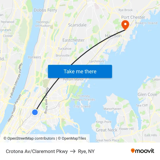 Crotona Av/Claremont Pkwy to Rye, NY map