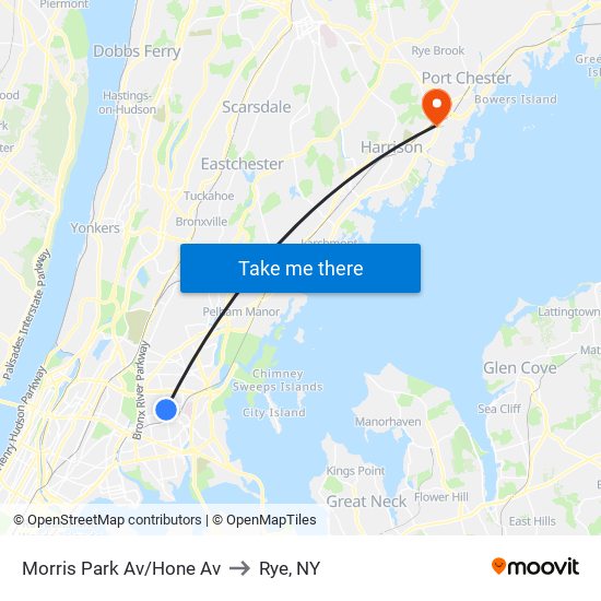 Morris Park Av/Hone Av to Rye, NY map