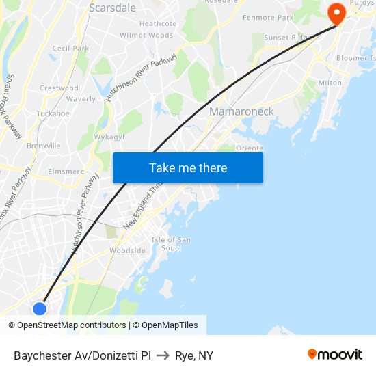 Baychester Av/Donizetti Pl to Rye, NY map