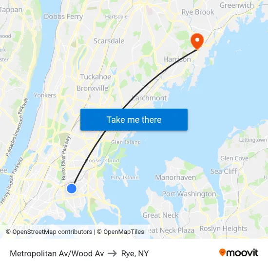 Metropolitan Av/Wood Av to Rye, NY map