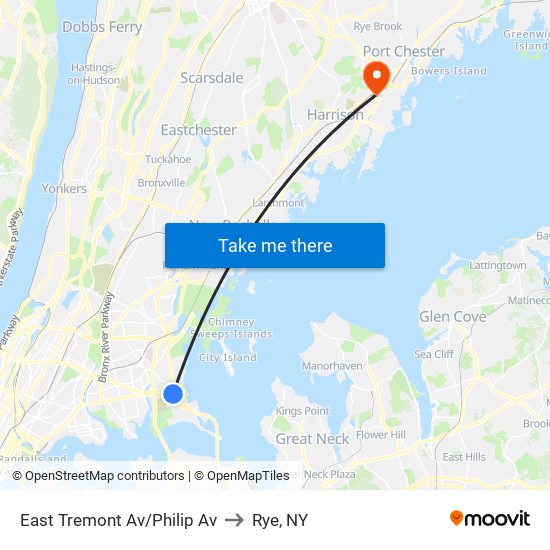 E Tremont Av/Philip Av to Rye, NY map