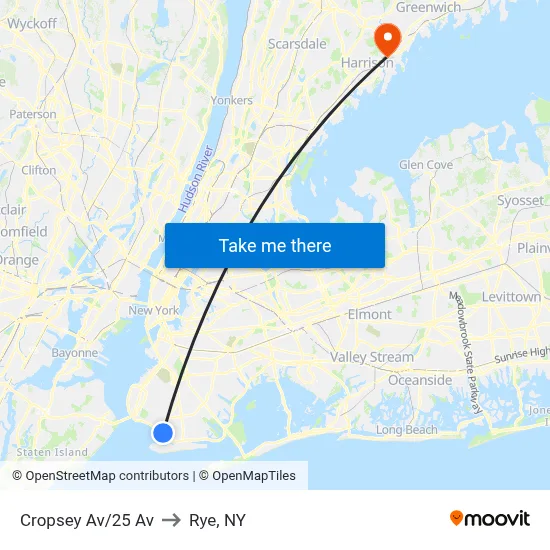 Cropsey Av/25 Av to Rye, NY map
