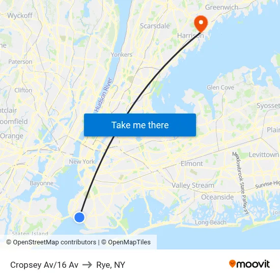 Cropsey Av/16 Av to Rye, NY map