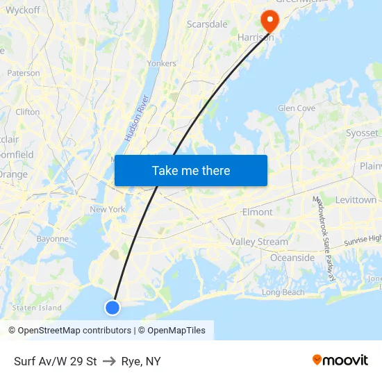 Surf Av/W 29 St to Rye, NY map