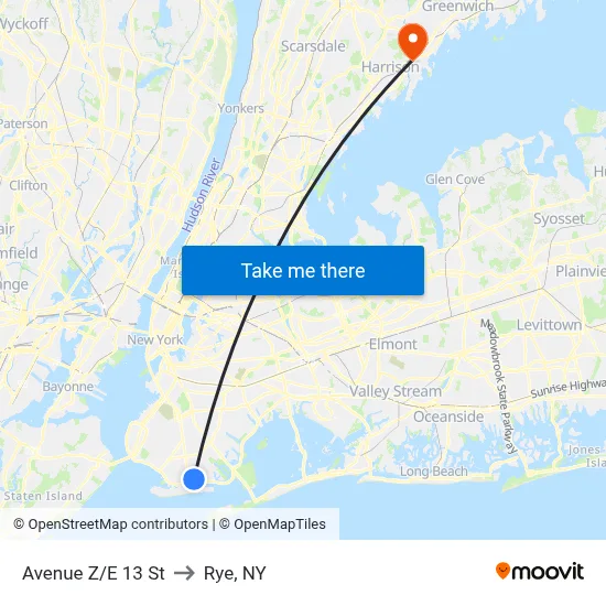 Avenue Z/E 13 St to Rye, NY map