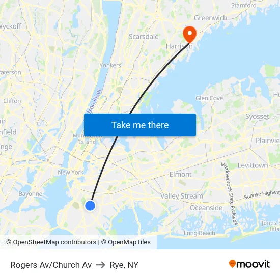Rogers Av/Church Av to Rye, NY map