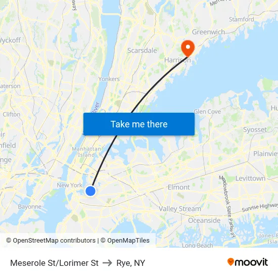 Meserole St/Lorimer St to Rye, NY map