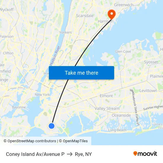 Coney Island Av/Avenue P to Rye, NY map