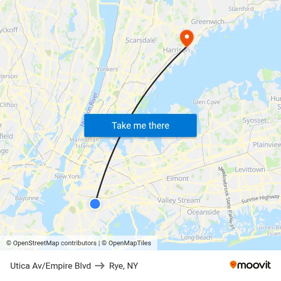 Utica Av/Empire Blvd to Rye, NY map