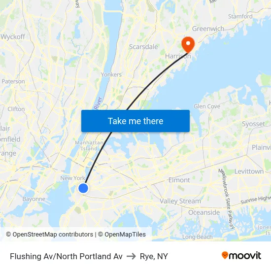 Flushing Av/North Portland Av to Rye, NY map