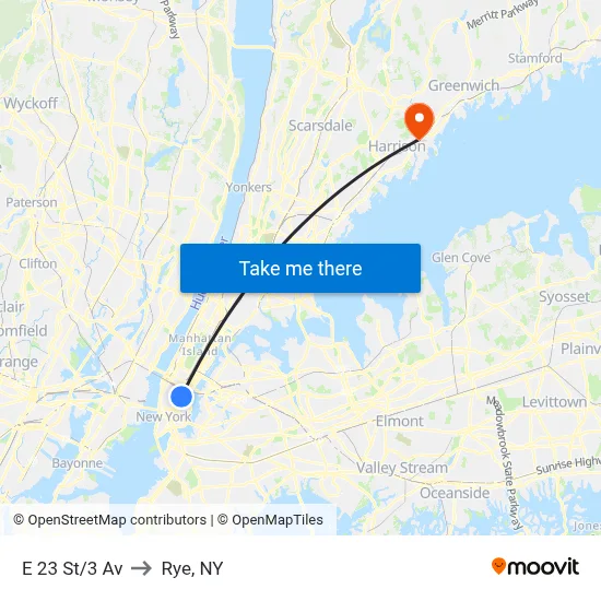 E 23 St/3 Av to Rye, NY map