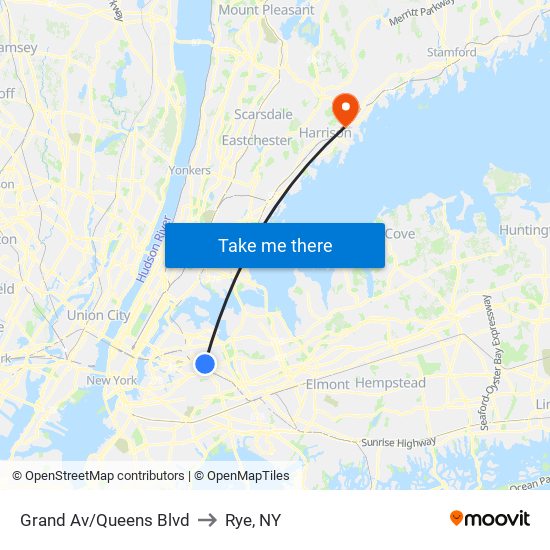 Grand Av/Queens Blvd to Rye, NY map