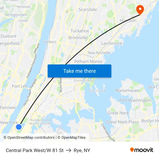 Central Park West/W 81 St to Rye, NY map