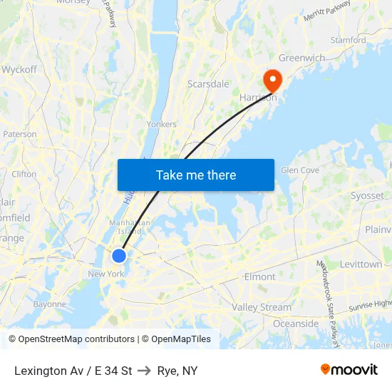 Lexington Av / E 34 St to Rye, NY map
