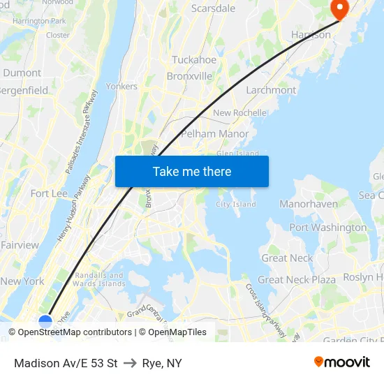 Madison Av/E 53 St to Rye, NY map