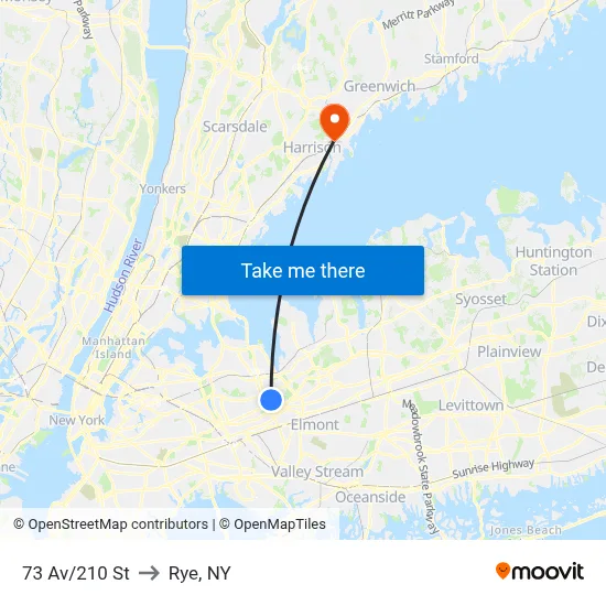 73 Av/210 St to Rye, NY map