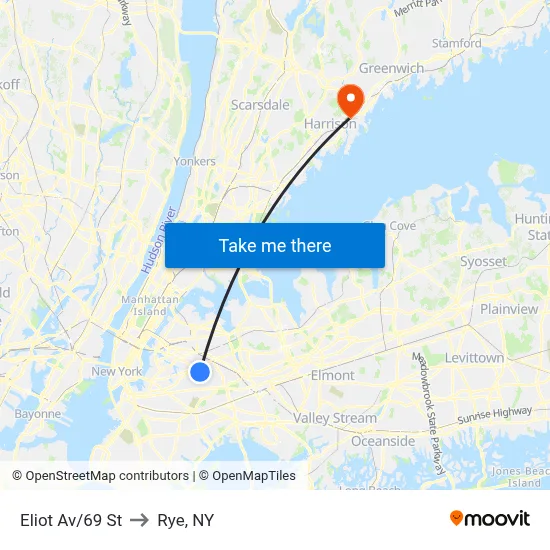 Eliot Av/69 St to Rye, NY map