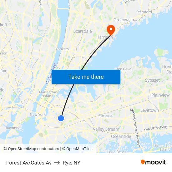 Forest Av/Gates Av to Rye, NY map