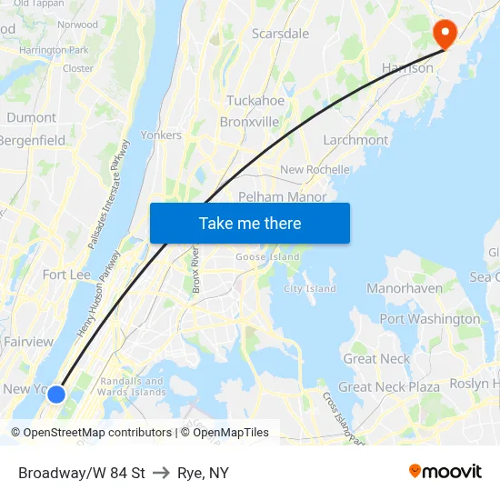 Broadway/W 84 St to Rye, NY map