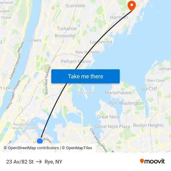 23 Av/82 St to Rye, NY map