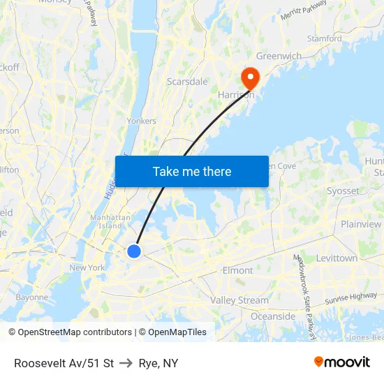 Roosevelt Av/51 St to Rye, NY map