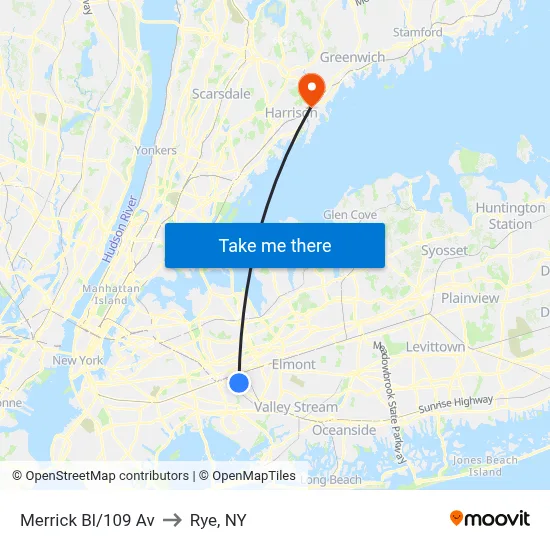 Merrick Bl/109 Av to Rye, NY map