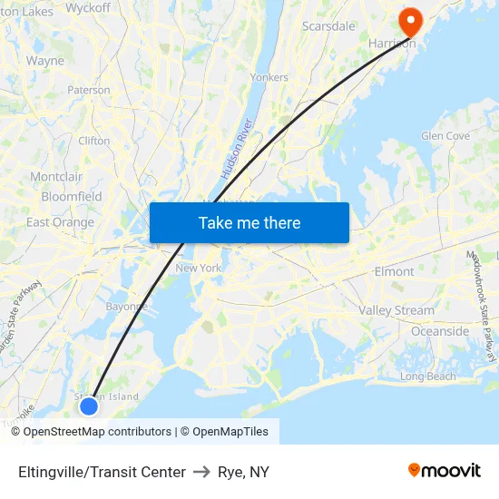 Eltingville/Transit Center to Rye, NY map