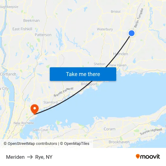 Meriden to Rye, NY map
