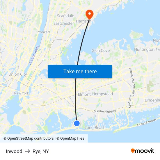 Inwood to Rye, NY map