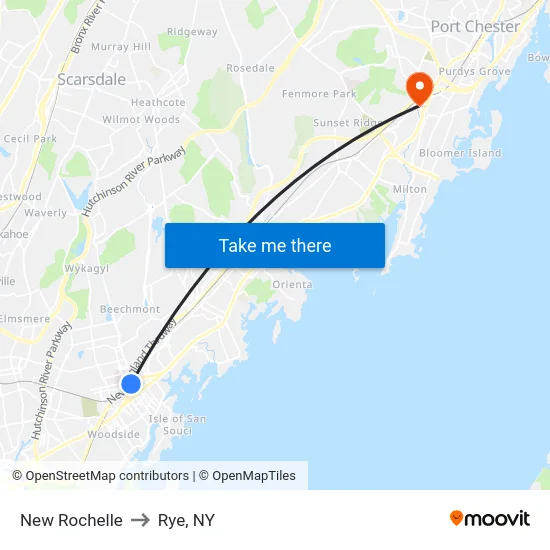 New Rochelle to Rye, NY map