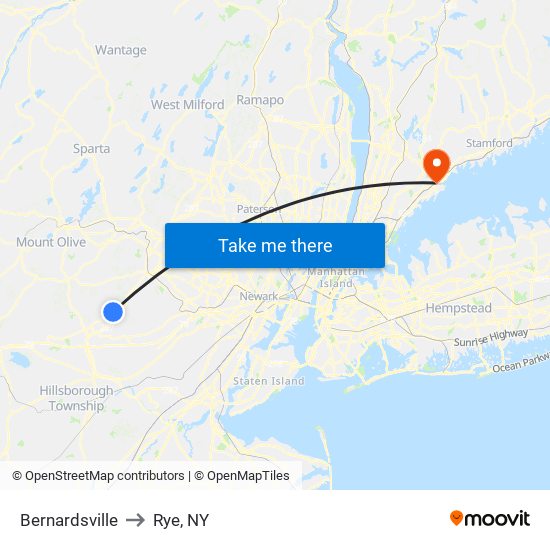 Bernardsville to Rye, NY map