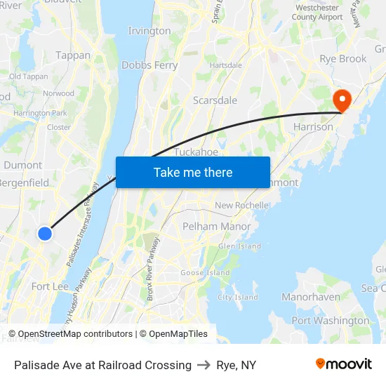 Palisade Ave at Railroad Crossing to Rye, NY map
