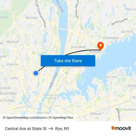 Central Ave at State St to Rye, NY map