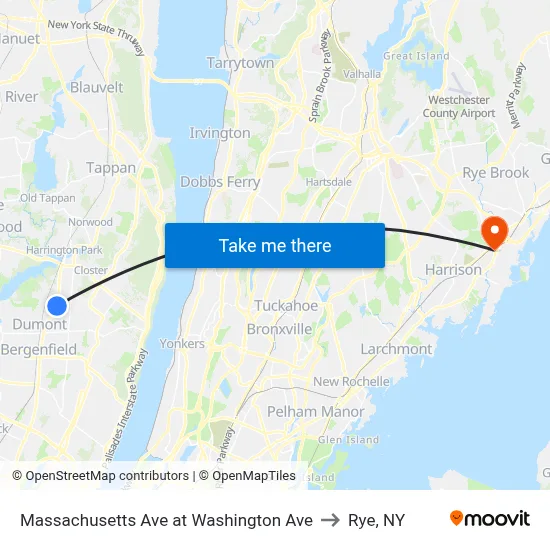 Massachusetts Ave at Washington Ave to Rye, NY map