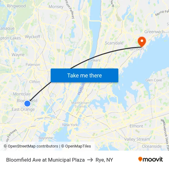 Bloomfield Ave at Municipal Plaza to Rye, NY map
